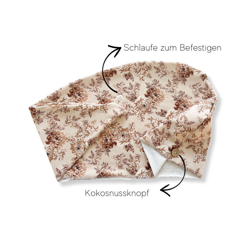 Baumwolle Turban-Handtuch mit Kokosnussknopf | Beige Flowers